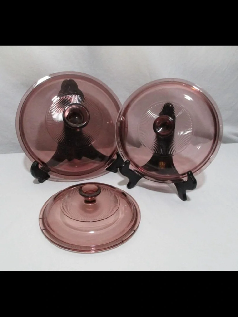Vintage Corning VISIONS cranberry pink fluted Pyrex glass lids 3 PIECE SET